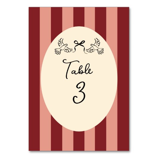 Whimsical Red Pink Striped Wedding Table Number  Kaart (Voorkant)