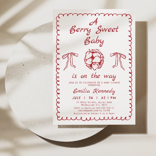 Whimsical Red Strawberry Berry Sweet Baby shower Kaart