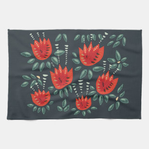 Whimsical Red Tulips Floral Art – Abstracte lente Theedoek