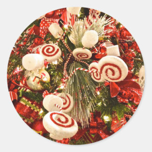 Whimsical Red & White Snoep Threaded kerstboom Ronde Sticker