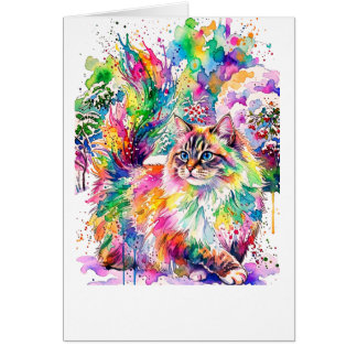 Whimsical Regenboog Waterverf Fluffy Kat in Winter
