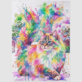 Whimsical Regenboog Waterverf Fluffy Kat in Winter Tissuepapier