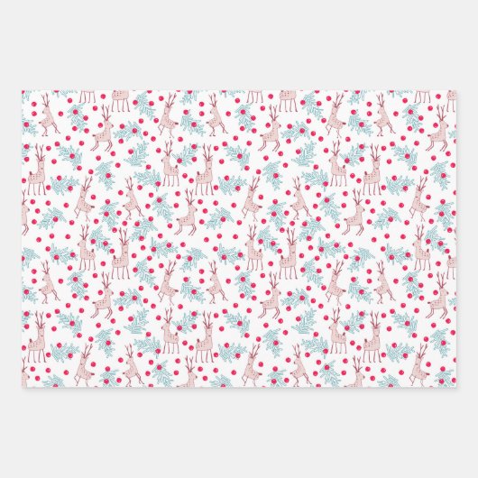 Whimsical Reindeer and Berry Christmas Pattern Inpakpapier Vel (Voorkant 2)