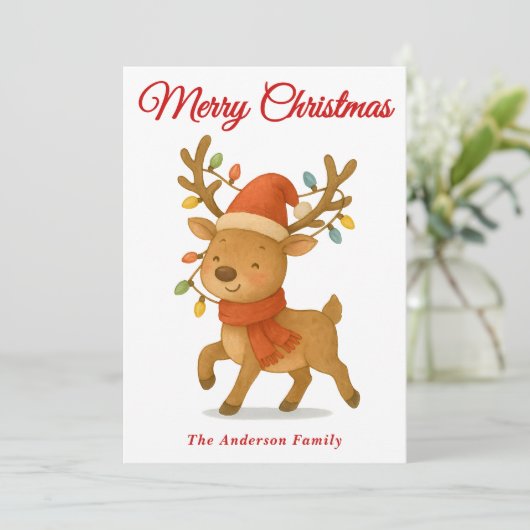 Whimsical Reindeer met String Lights Kerstmis Feestdagenkaart (Staand voorkant)