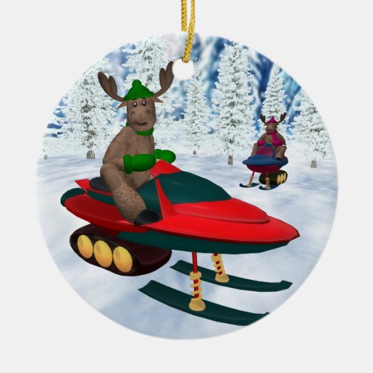 Whimsical Reindeer op Snowmobies Keramisch Ornament (Voorkant)