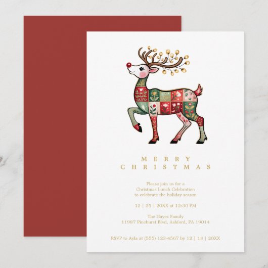 Whimsical Rendier Patchwork Kerstmis Rood TMF26 Kaart (Voorkant / Achterkant)