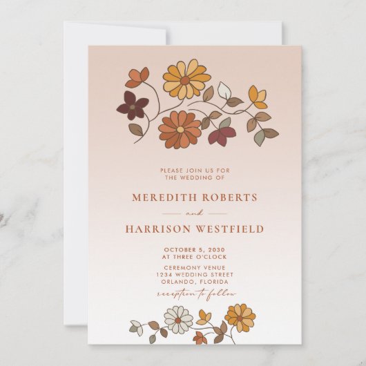 Whimsical Retro Bloemen QR Code Bruiloft Kaart (Voorkant)