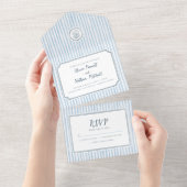 Whimsical Retro Blue Stripes Wedding All In One Uitnodiging (Afscheurbaar)