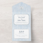 Whimsical Retro Blue Stripes Wedding All In One Uitnodiging (Binnen)