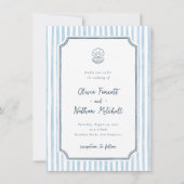 Whimsical Retro Blue Stripes Wedding Kaart (Voorkant)