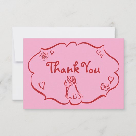 Whimsical Retro Hand getekend Roze Rode bruiloft Bedankkaart (Voorkant)