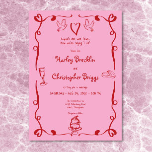 Whimsical Retro Hand getekend Roze Rode bruiloft Kaart