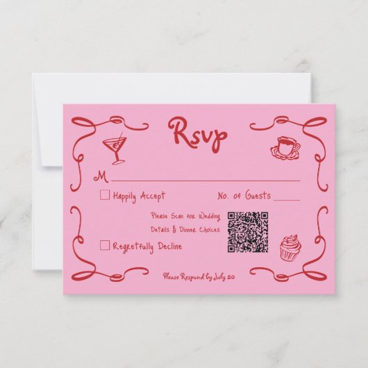 Whimsical Retro Hand getekend Roze Rode bruiloft Q RSVP Kaartje (Voorkant)