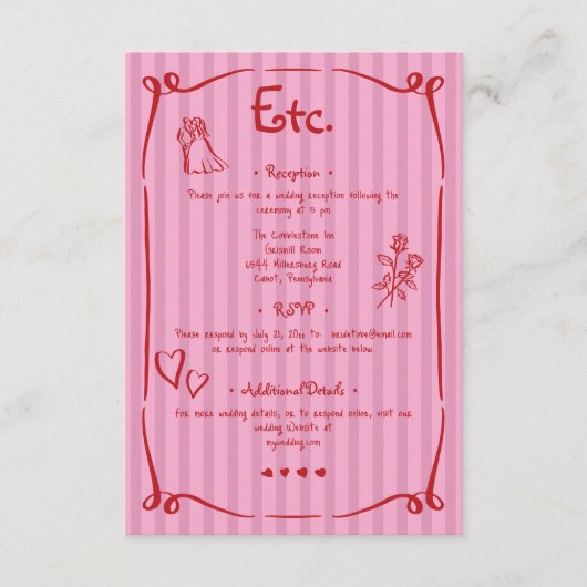 Whimsical Retro Hand getekend Roze Rode Streep Wed Informatiekaartje (Voorkant)