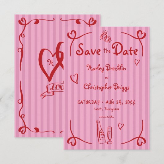 Whimsical Retro Hand getekend Roze Rode Streep Wed Save The Date (Voorkant / Achterkant)