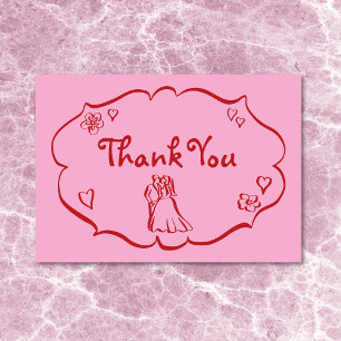 Whimsical Retro Handgetekende Roze Rode Trouwdag Bedankkaart