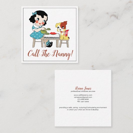 Whimsical Retro Kind en hond Tea Party Nanny Vierkante Visitekaartje (Voorkant / Achterkant)