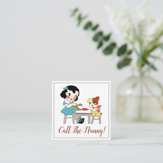 Whimsical Retro Kind en hond Tea Party Nanny Vierkante Visitekaartje (Staand voorkant)