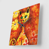 Whimsical Retro Kitty Kat Abstract Art Sinaasappel Vierkante Klok (Hoek)