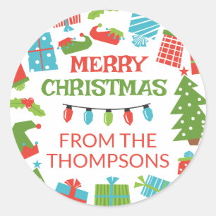 Whimsical Retro Tree & Gifts Vrolijk Kerstfeest Ronde Sticker