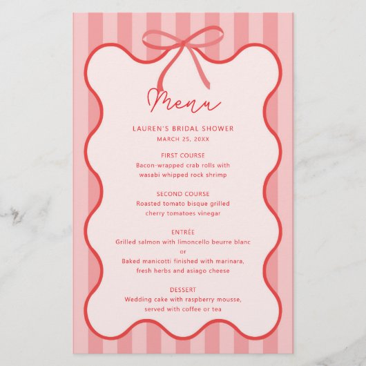 Whimsical Ribbon vrijgezellenfeest menu met naam (Voorkant)