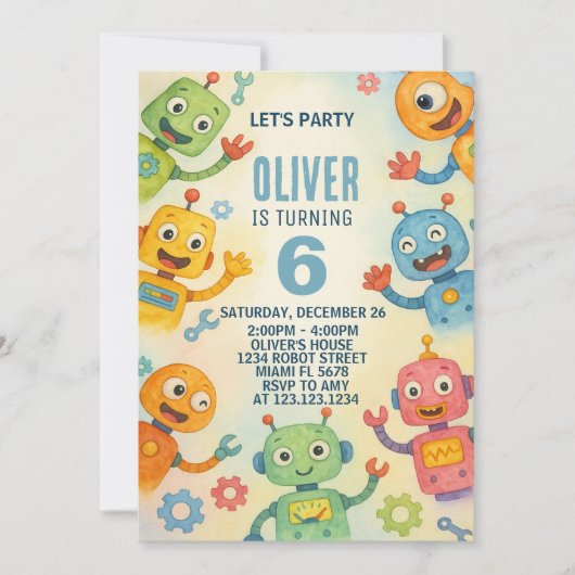 Whimsical Robot Invitation d'anniversaire pour les (Devant)