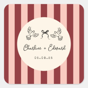 Whimsical Rode en Blush Roze Gestreepte Trouw Vierkante Sticker