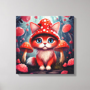 Whimsical Rode Paddestoel Kat Uitgerekte Canvas Afdruk