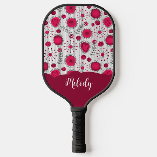 Whimsical rode witte harten bloemen bloemige naam pickleball paddle (Voorkant)