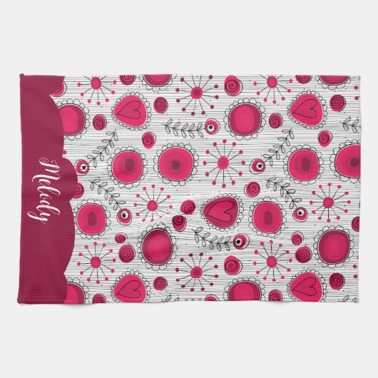 Whimsical rode witte harten bloemen bloemige naam theedoek (Horizontaal)