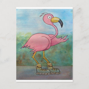 Whimsical Roller Skating Roller Blading Flamingo Briefkaart
