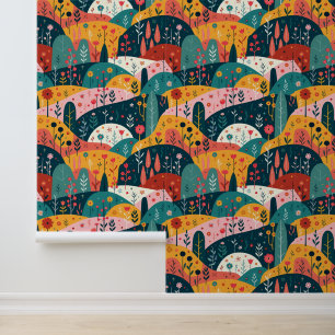 Whimsical Rolling Hills Garden - Kleurrijke volksk Behang