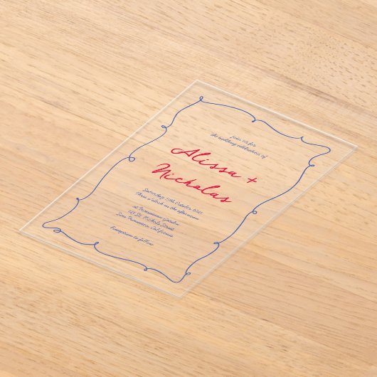 Whimsical Rood & Blauw Hand getrokken Border Weddi Acryl Uitnodigingen (Laagn)