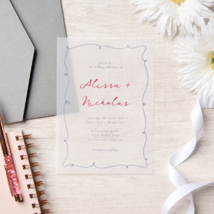 Whimsical Rood & Blauw Hand getrokken Border Weddi Vellum Uitnodigingen