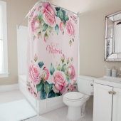 Whimsical Roos Tuin: Blush Roze Douchegordijn (In situ)