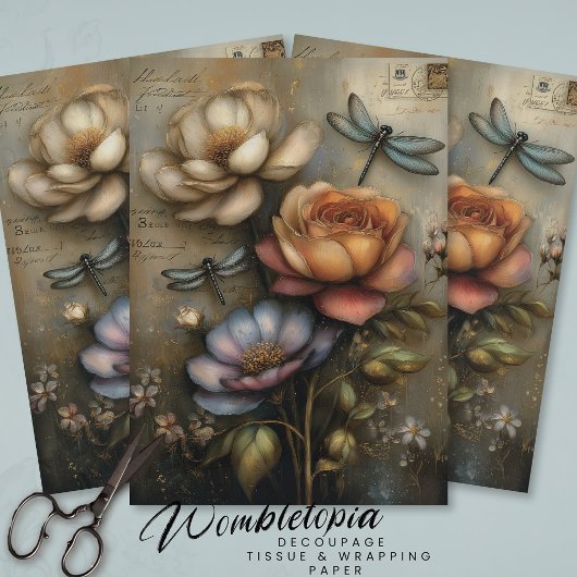 Whimsical Rose & Dragonfly Ephemera Decoupage  Tissuepapier