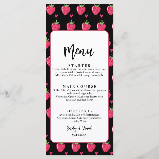 Whimsical Roze Aardbei Bruiloft Menu (Voorkant)