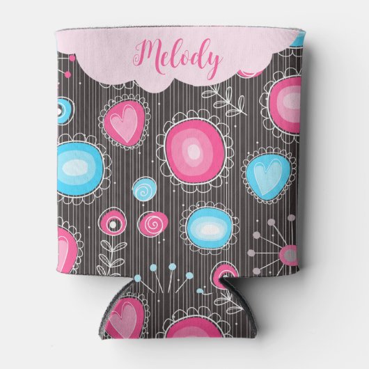 Whimsical roze blauwe harten en bloemen bloemige n blikjeskoeler (Voorkant)