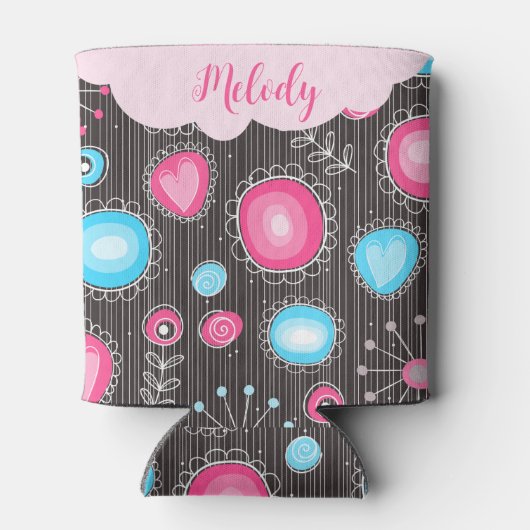 Whimsical roze blauwe harten en bloemen bloemige n blikjeskoeler (Achterkant)