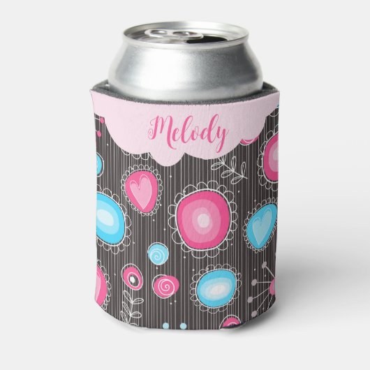 Whimsical roze blauwe harten en bloemen bloemige n blikjeskoeler (Blikje Achterkant)
