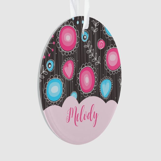 Whimsical roze blauwe harten en bloemen bloemige n ornament (voorkant)