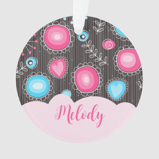 Whimsical roze blauwe harten en bloemen bloemige n ornament (voorkant)