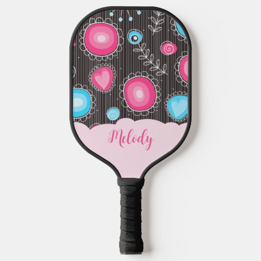 Whimsical roze blauwe harten en bloemen bloemige n pickleball paddle (Voorkant)