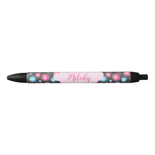 Whimsical roze blauwe harten en bloemen bloemige n zwarte inkt pen (Voorkant)