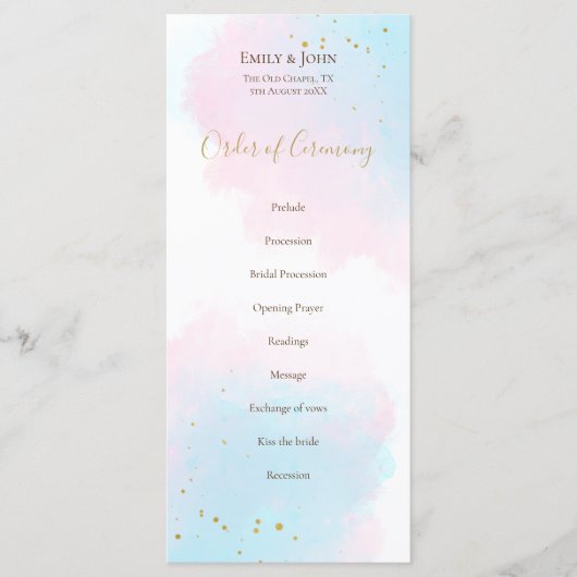 Whimsical Roze Blauwe Waterverven pastel bruiloft Programma (Voorkant)