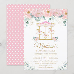 Whimsical Roze Bloemen Carrousel 1e Verjaardagsfee Kaart