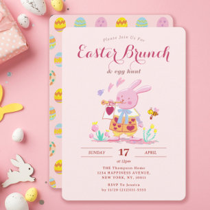 Whimsical Roze Bunny Garden Paasbrunch Egg Hunt Kaart