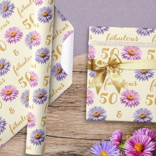 Whimsical Roze Crème Bloemige 50e Verjaardag Cadeaupapier