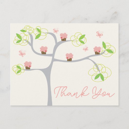 Whimsical roze cupcakes boom verjaardag dank u briefkaart (Voorkant)