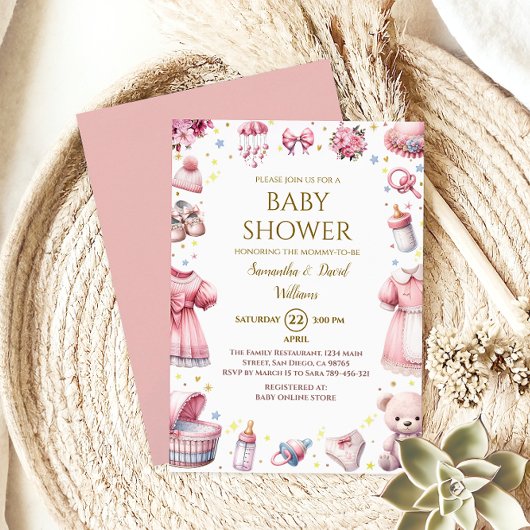 Whimsical Roze Elegant Baby shower Bloemen Meisje Kaart